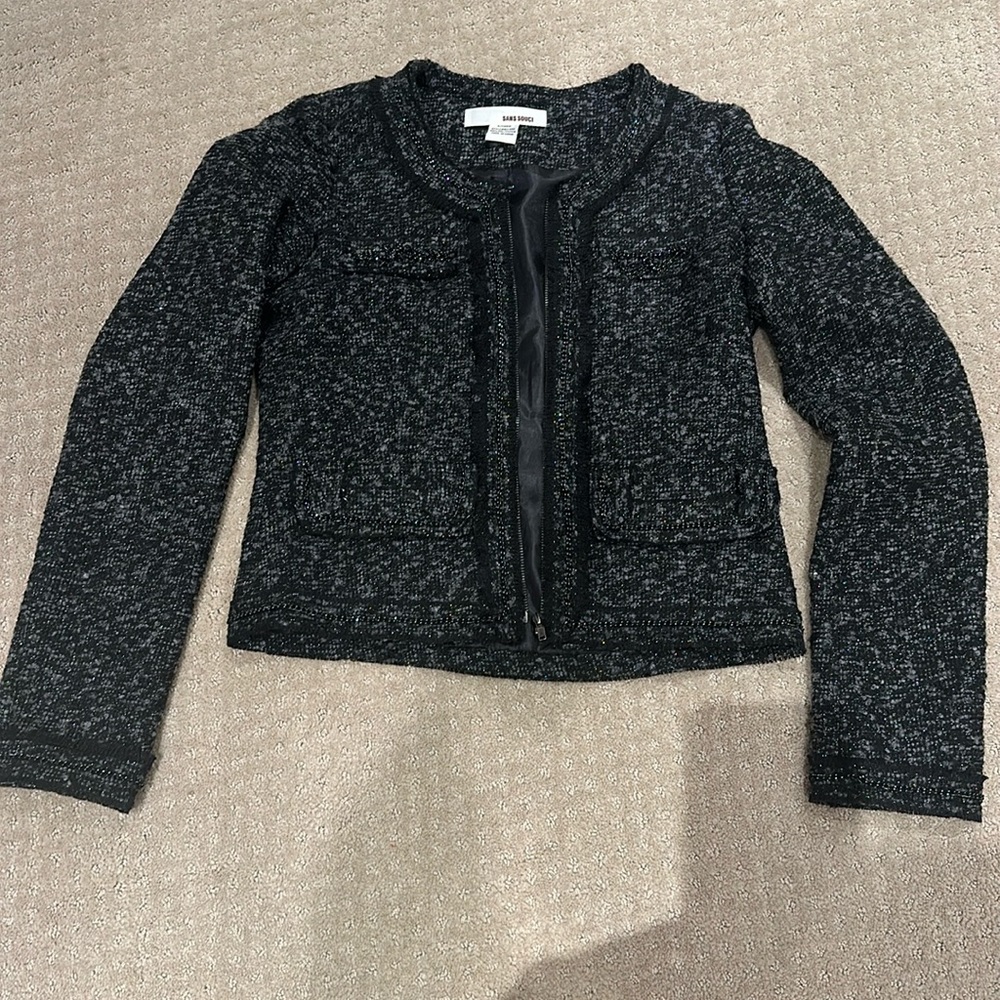 Sans Souci Women Tweed Blazer/Jacket Black Silver Lined, Chain Trim, Size Small
